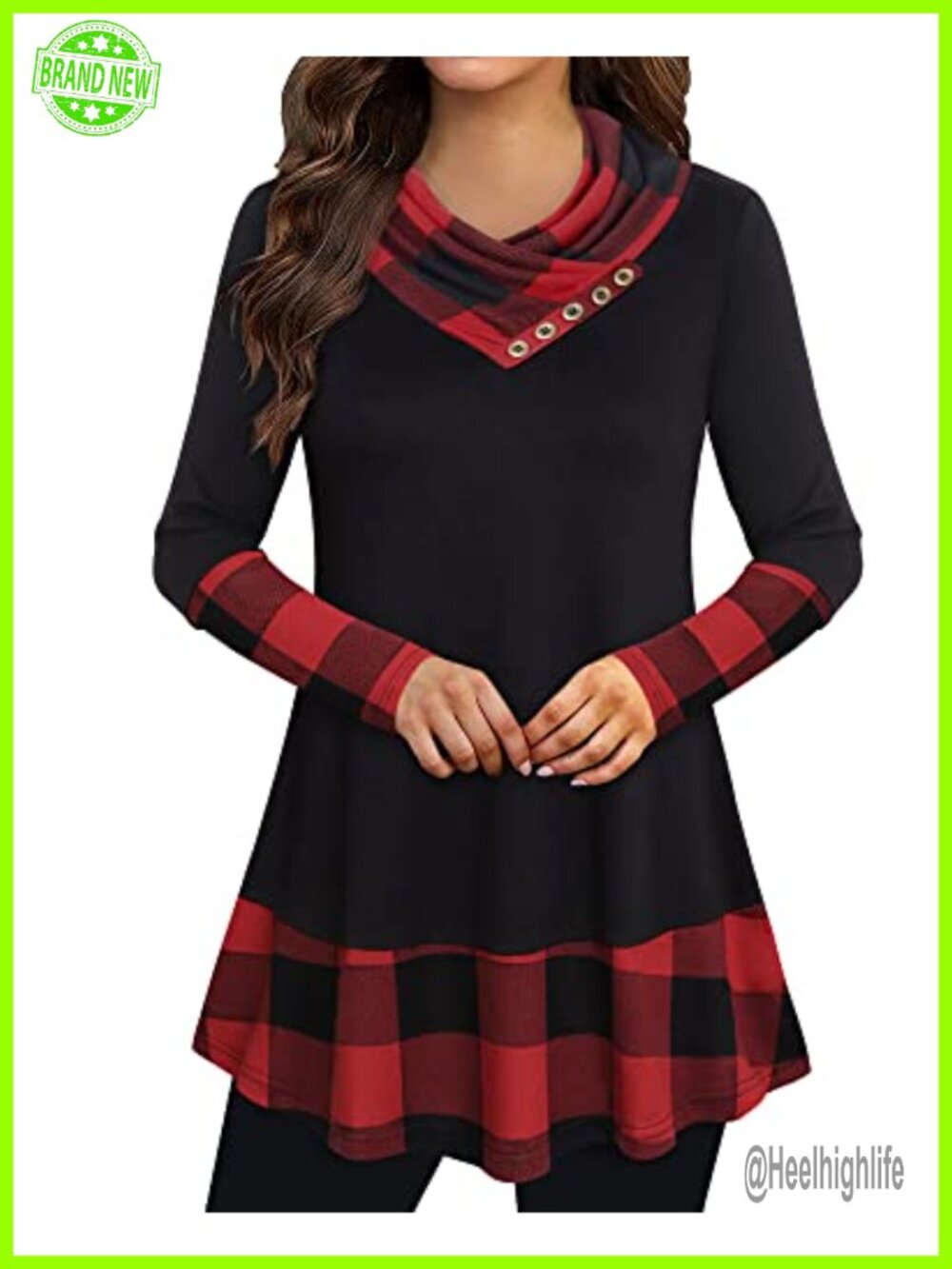 Cowl Neck Long Sleeve A-Line Tunic Top Blouse Loose Fit Casual